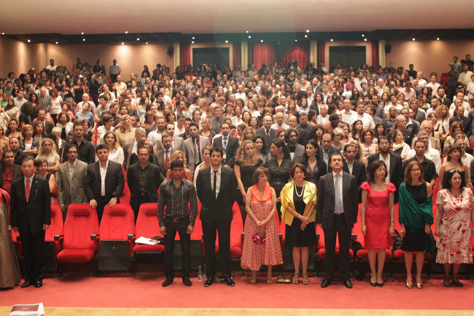 National anthem before ceremony begins. General view of UNESCO Pala theater