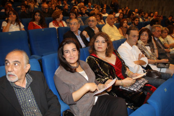 View of the theater, before ceremony commences. Front row: Left to right – Jury members, Nigol Bezgian, Diana Moukalled, Mouna Mounayer, and the next lady Mrs. Nada Sardouk, Director General Ministry of Tourism