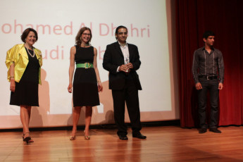 Second Best Short Film Director of “Shourouk/Ghouroub Mohammed Aldhahri standing with Alice Edde and Lina Mroue