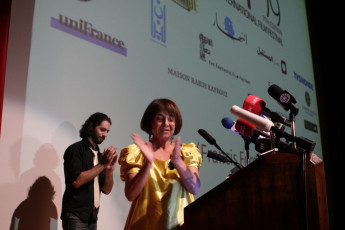 Director Colette Naufal, welcoming Francis Coppola to the stage