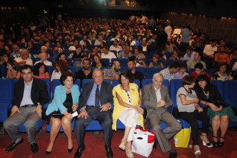 View of theater before opening ceremony, seated infront: Giuliano Vincenti, Mrs. & Mr. Joseph Vincent, Alice Edde, Emile Chahine member of Jury, Colette Naufal and Rita Daguerre member of jury